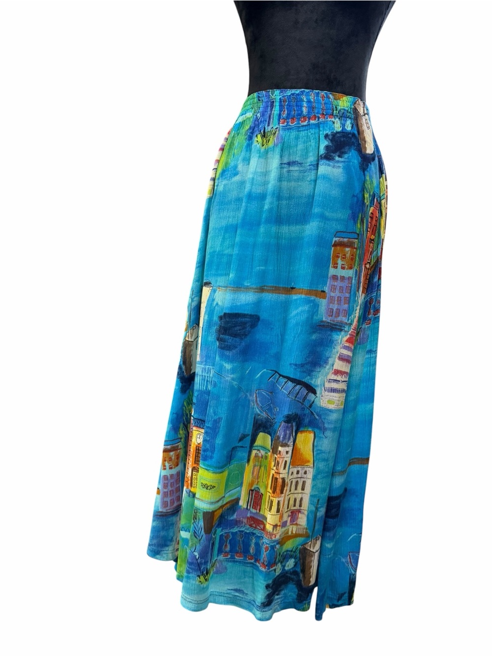 Vintage 90s Carole Little Sport Cityscape Art Print Maxi Skirt Size M